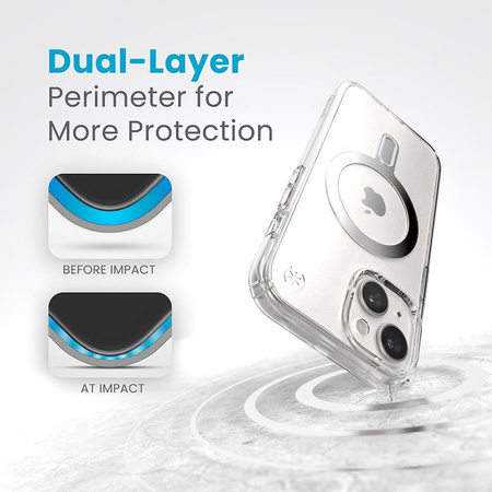 Speck Presidio Perfect-Clear ClickLock & MagSafe - Etui iPhone 16e / iPhone 15 / iPhone 14 / iPhone 13 (Clear / Chrome Finish / Serene Silver)