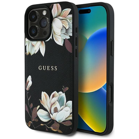 Guess szemcsés nyomtatott virágmintás MagSafe - tok iPhone 16 Pro Max készülékhez (fekete)