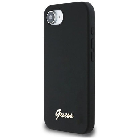 Guess Silicone Script Metal Logo MagSafe - Etui do iPhone 16e (czarny)
