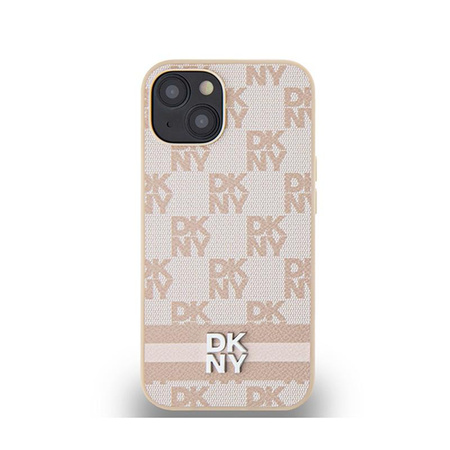 Kožené pouzdro DKNY s kostkovaným jednobarevným vzorem a tištěnými pruhy - iPhone 15 Plus / 14 Plus (růžové)
