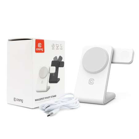 Crong MagSpot Pivot Stand - 3 az 1-ben vezeték nélküli töltő MagSafe-rel iPhone-hoz, Apple Watch-hoz és AirPods-hoz (fehér)
