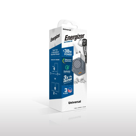 Energizer Ultimate - Multiplug EU / UK / US GaN USB-C és USB-A 38W PD + QC3.0 utazási töltő (ezüst)