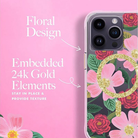 Rifle Paper Clear MagSafe - Pouzdro zdobené zlatem pro iPhone 14 Pro (Rose Garden)
