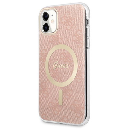 Guess Bundle Pack MagSafe 4G - MagSafe iPhone 11 case + charger set (pink/gold)