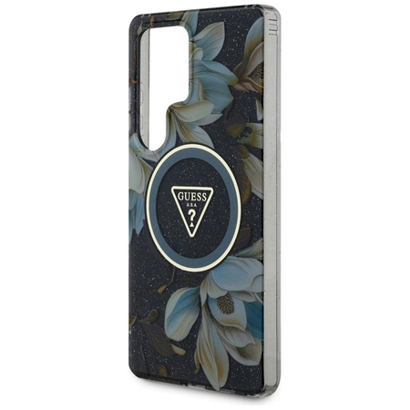 Guess Glitter Flowers Triangle Buttons MagSafe - Tasche für Samsung Galaxy S25 Ultra (schwarz)