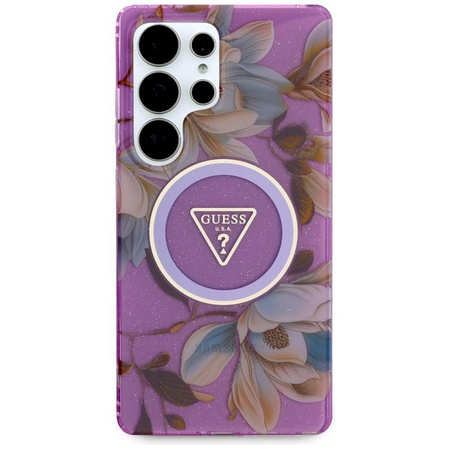 Guess Glitter Flowers Triangle Buttons MagSafe - pouzdro pro Samsung Galaxy S25 Ultra (fialové)
