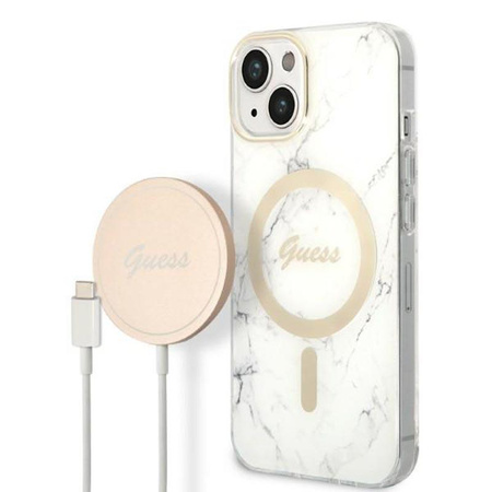 Guess Bundle Pack MagSafe IML Marble - MagSafe iPhone 14 Tasche + Ladegerät Set (weiß/gold)