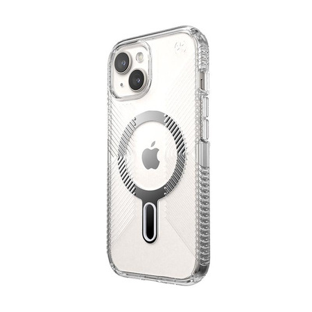 Speck Presidio Perfect-Clear Grip ClickLock e MagSafe - Custodia per iPhone 16e / iPhone 15 / iPhone 14 / iPhone 13 (Trasparente / Finitura cromata / Argento Se