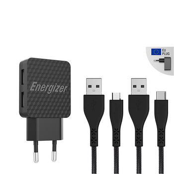 Energizer HardCase - Kompaktní síťová nabíječka 2x USB-A + USB-C a kabel Micro USB (černá) doživotní záruka