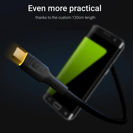 Green Cell Ray - USB - microUSB kabel 120 cm se žlutým LED podsvícením, rychlé nabíjení Ultra Charge, QC3.0