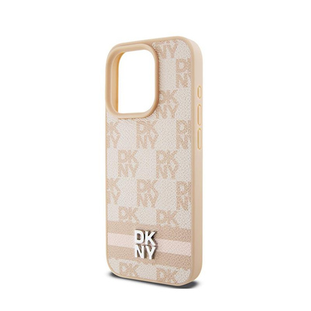 DKNY Leather Checkered Mono Pattern & Printed Stripes - Coque pour iPhone 15 Pro (rose)