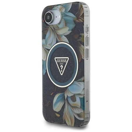 Guess IML Metal Glitter Flowers Triangle MagSafe - Case for iPhone 16e (black)