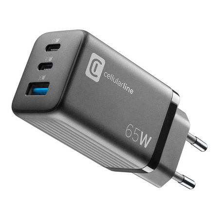 Cellularline Multipower Micro GaN - Chargeur de puissance 2x USB-C & USB-A Power Delivery 65W (noir)