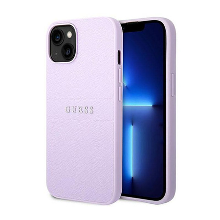 Pouzdro Guess Saffiano Metal Logo Stripes - iPhone 14 Plus (lila)