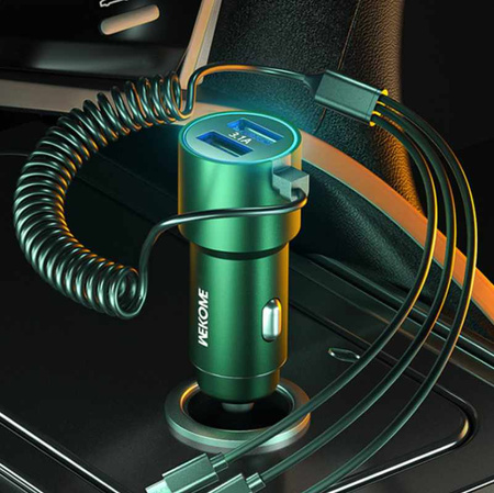 WEKOME WP-C44 Pop Digital Series - Autoladegerät mit integriertem 3-in-1 USB-C / Lightning / Micro USB + 2x USB-A 33W Kabel (Schwarz)