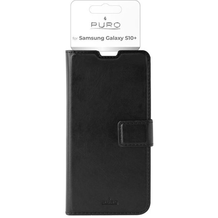 PURO Booklet Wallet Case - Samsung Galaxy S10+ tok kártyazsebekkel + állvány (fekete)