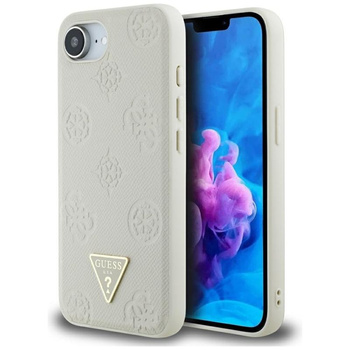 Guess Gekörnte Heißprägung Pfingstrose Dreieck Logo MagSafe - Hülle für iPhone 16e (beige)
