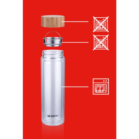 GLASS WATER BOTTLE WITH BPA FREE FILTER, for Tea, Case, Alpina, 450ml