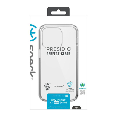 Speck Presidio Perfect-Clear - Custodia per iPhone 14 Pro con rivestimento MICROBAN (trasparente)