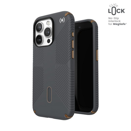 Speck Presidio2 Grip ClickLock & MagSafe - Coque pour iPhone 15 Pro (Gris anthracite / Bronze froid)