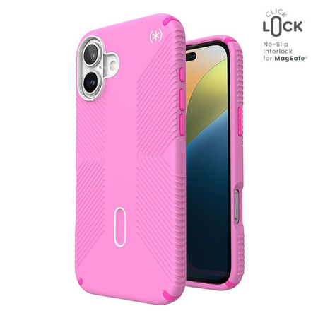 Speck Presidio2 Grip ClickLock e MagSafe - Custodia per iPhone 16 Plus (Rosa puro / Rosa shocking / Bianco)