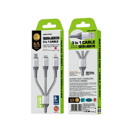 WEKOME WDC-170 Raython Series - propojovací kabel 3 v 1 USB-A na USB-C + Lightning + Micro USB 1,2 m s rychlým nabíjením (stříbro)