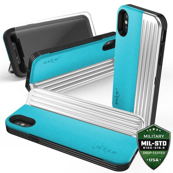 Zizo Retro Series - Coque pour iPhone Xs / X avec pochette pour cartes + support + verre 9H pour l'écran (Baby Blue/Silver)