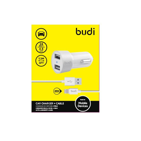 Budi - Car charger 2x USB, 24W + Lightning cable 1.2 m (White)