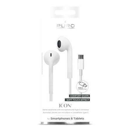 PURO ICON Stereo Earphones - Słuchawki USB-C z płaskim kablem z mikrofonem i pilotem (Biały)
