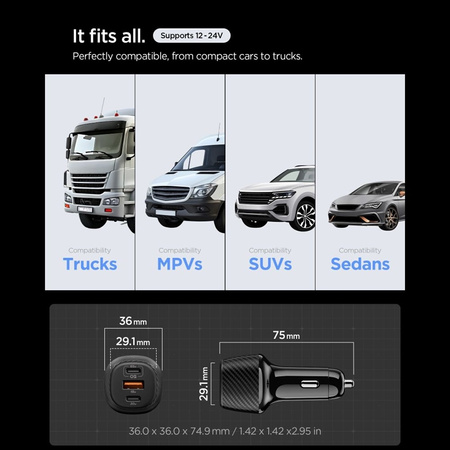 Spigen Essential EV1133 – Autós töltő 2x USB-C PD és USB-A QC3.0 113W + 100W, USB-C kábel, 1m (fekete)