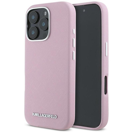 Karl Lagerfeld Saffiano Full Wrapped Elongated Metal Logo MagSafe - Hülle für iPhone 16 Pro Max (rosa)