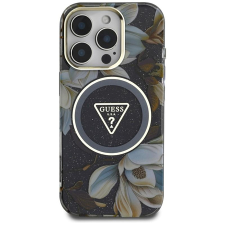 Guess Glitter Flowers Triangle Buttons MagSafe - Coque pour iPhone 16 Pro Max (noir)