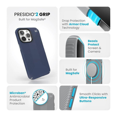 Speck Presidio2 Grip MagSafe - iPhone 15 Pro Max Case (Coastal Blue / Dust Grey)