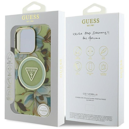 Guess Glitter Flowers Triangle Buttons MagSafe - Pouzdro pro iPhone 16 Pro Max (zelený)