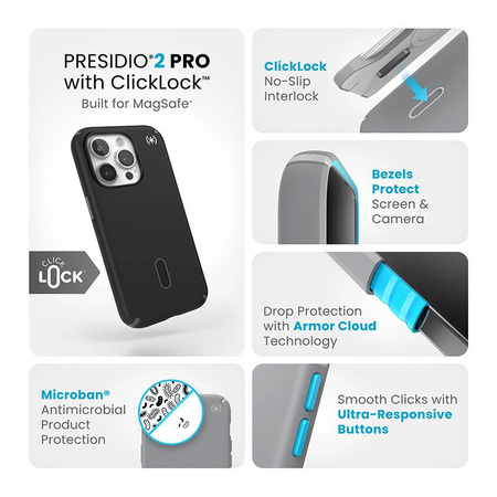 Speck Presidio2 Pro ClickLock e MagSafe - Custodia per iPhone 15 Pro (Nero / Grigio Ardesia / Bianco)
