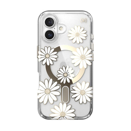 Speck Presidio Lux ClickLock & MagSafe - iPhone 16 Hülle (Sunshine Daisies / Transparent / Gold)