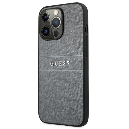 Guess Saffiano Metal Logo Stripes - Coque iPhone 13 Pro Max (gris)