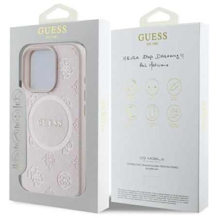 Guess Saffiano Peony Classic Logo MagSafe – Hülle für iPhone 16 Pro Max (rosa)