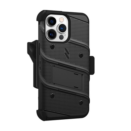 ZIZO BOLT sorozat - Páncélozott iPhone 14 Pro Max tok 9H üveggel a képernyőhöz + tartó állvánnyal (fekete)