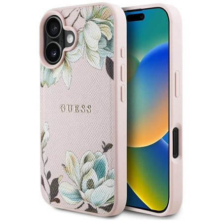 Guess MagSafe - Tasche mit genarbtem Blumenmuster für iPhone 16 (rosa)