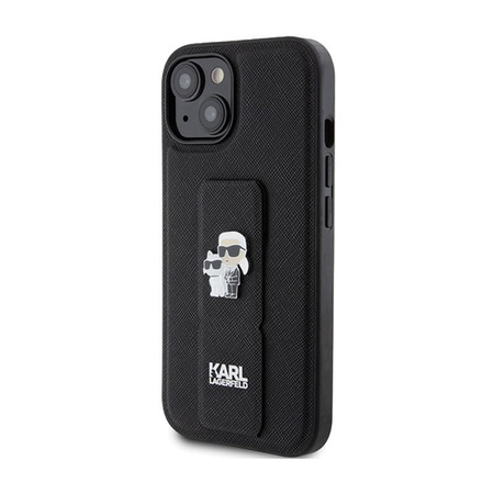 Karl Lagerfeld Gripstand Saffiano Karl & Choupette Pins - pouzdro pro iPhone 15 Plus (černé)