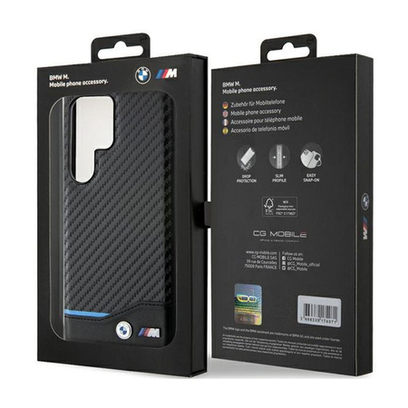 BMW Leder Carbon Blue Line - Tasche Samsung Galaxy S24 Ultra (schwarz)