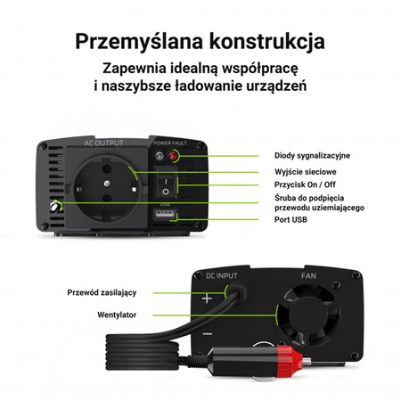 Green Cell - Měnič napětí Inverter 12V na 230V 150W/300W Čistá sinusovka