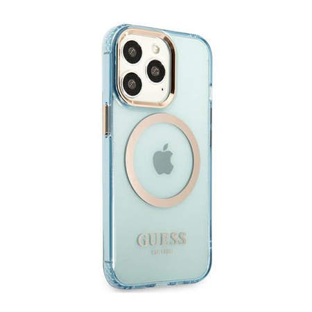 Guess Gold Outline Transluzentes MagSafe - Hülle für iPhone 13 Pro (Blau)