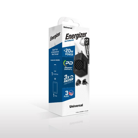 Energizer Ultimate - cestovní nabíječka Multiplug EU / UK / US GaN USB-C 20W PD (černá)