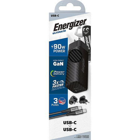 Energizer Ultimate - Multiplug EU / UK / US GaN USB-C & USB-A 90W PD travel charger + USB-C cable (Black)