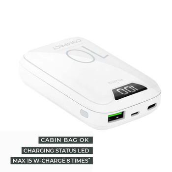 PURO Compact Power Bank - Power banka pro smartphony a tablety 10000 mAh, USB-A, USB-C, 15 W + LED displej (bílá)