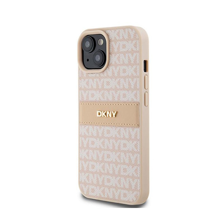 DKNY Bőr mono csíkos és fém logóval - iPhone 15 / 14 / 13 tok (rózsaszín)