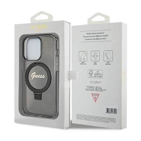 Guess Ring Stand Script Glitter MagSafe - iPhone 15 Pro tok (fekete)