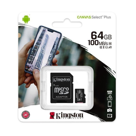 Kingston Canvas Select Plus MicroSDXC - 64 GB A1 Class UHS-I U1 V10 100 MB/s memory card with adapter